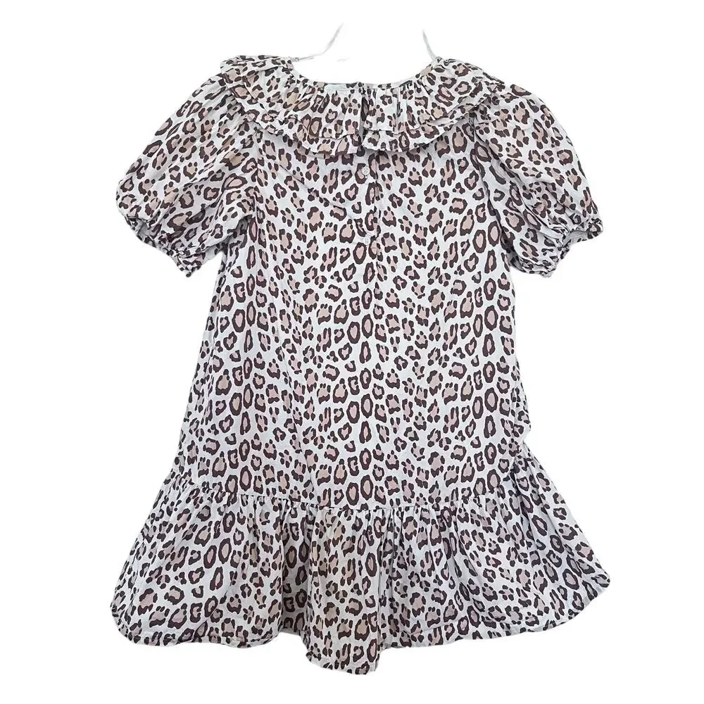 Janie and Jack Snow Leopard Print Tiered Puff Sleeve Dress Girls Size 10